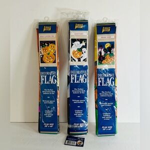 Meadow Creek Vintage Halloween NOS Sealed Set of 3 Decorative Flags 28” x 40”
